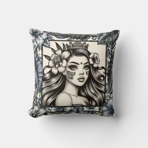 Coussin Princesse Polynésienne Fleur Tribale Bleue