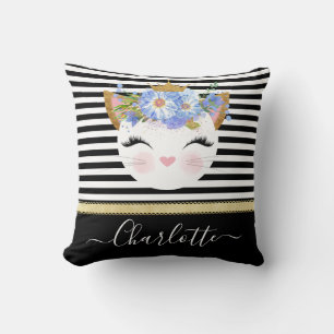 Coussin princesse rose en or kitty noir blanc floral