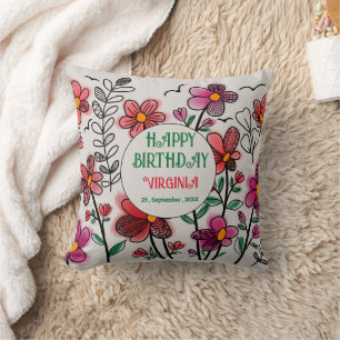 COUSSIN PRINTEMPS UNIQUE ROUGE DOODLE FLEURS ANNIVERSAIRE