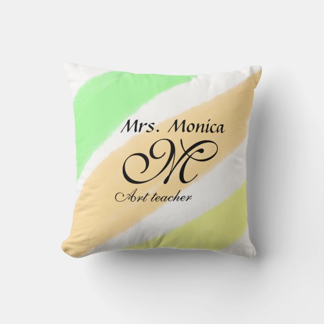 Coussin Professeur d'art jaune vert aquarelle nom rayures (Recto)