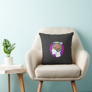 Coussin Profil de cerveau tête humaine cercle rose bleu.