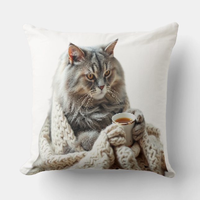 Coussin Profitez du thé d'hiver de chat (Recto)