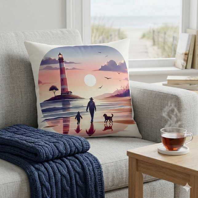 Coussin Promenade au coucher du soleil avec phare sur la c (Lighthouse Sunset Walk Coastal Scene White Throw Pillow Mockup A)