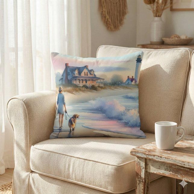 Coussin Promenade côtière jusqu'au phare au coucher du sol (Coastal Walk to Lighthouse at Sunset Throw Pillow Mockup A)