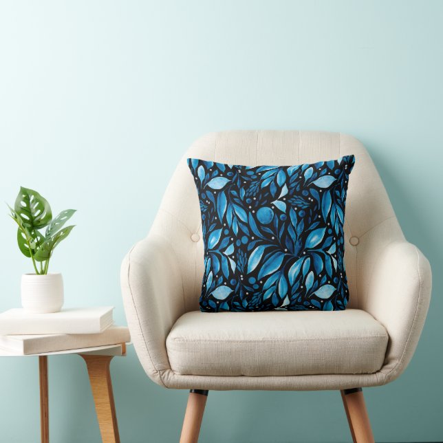 Coussin Promenade de minuit Bleu Botanique sur Noir (Chaise)