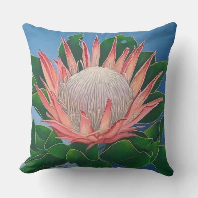 Coussin Protéa roi rose élégant | Art botanique de fleur (Recto)