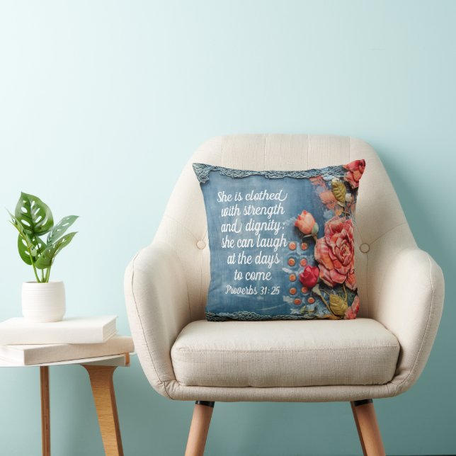 Coussin Proverbes 31:25 Verset inspirant de la Bib (Chaise)