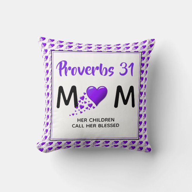 Coussin PROVERBES 31 MAMAN Cœurs violets Fête des Mères (Recto)