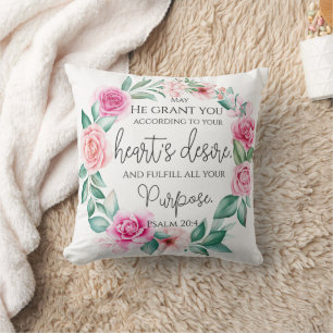 Coussin Psaume 20:4 Bible chrétienne Verse rose Floral