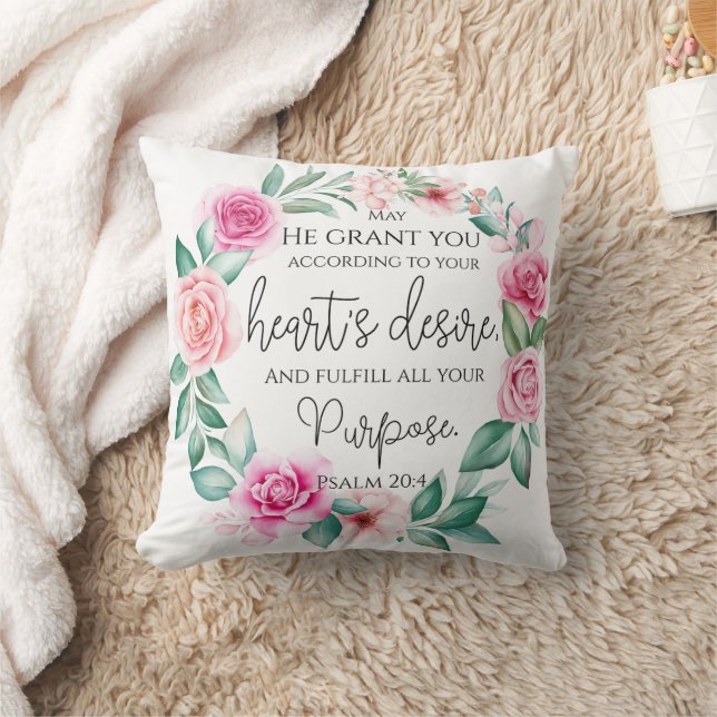 Coussin Psaume 20:4 Bible chrétienne Verse rose Floral (Couverture)