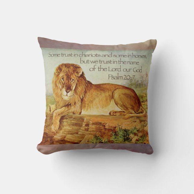 Coussin Psaume 20:7 Verset de la Bible du Lion chrétien (Recto)