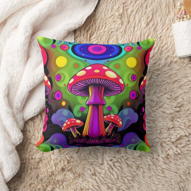 Coussin Psychedelic Vibrant Colorful Retro Mushrooms (Couverture)