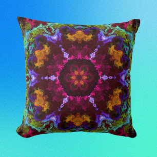 Coussin Psychédélique Mandala Fleur violet orange et vert