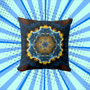 Coussin Psychédélique Mandala Flower bleu jaune et orange