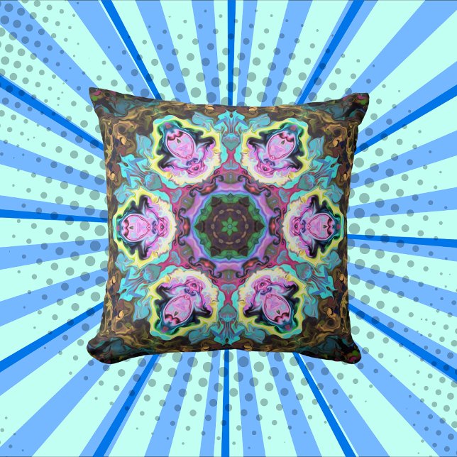 Coussin Psychédélique Mandala Flower bleu jaune et rose (Créateur téléchargé)