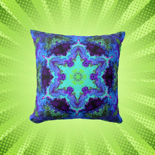 Coussin Psychédélique Mandala Flower bleu vert et violet (Créateur téléchargé)