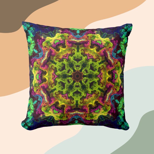 Coussin Psychédélique Mandala Flower vert bleu et violet (Créateur téléchargé)