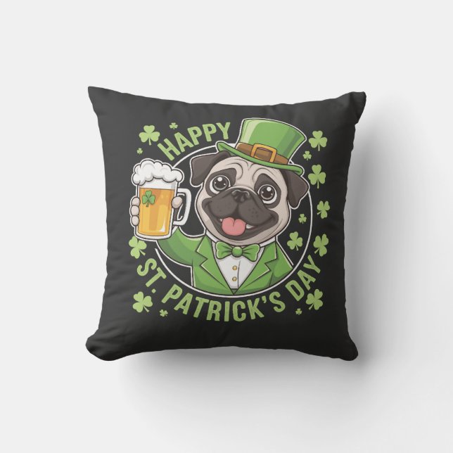 Coussin Pug amusant de la Saint-Patrick avec chope de bièr (Recto)