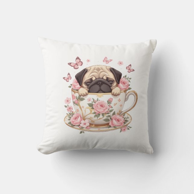 Coussin Pug Blossom Dreams Throw Pillow – Cute Floral Pug  (Recto)