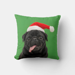 Coussin Pug noir drôle avec chapeau de Père Noël, langue s