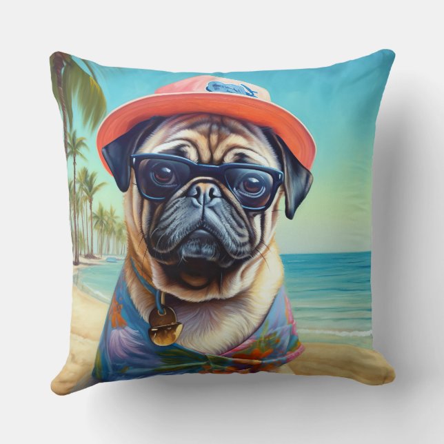 Coussin Pug sur la plage, cadeau d'été pour amateur de chi (Verso)