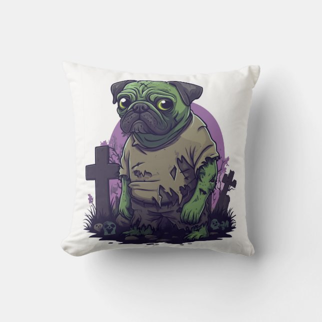 Coussin Pug zombie � Chien d'Halloween drôle et non mort (Recto)
