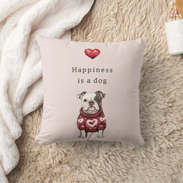 Coussin Pullover rouge coeurs blancs Le bonheur est un chi (Couverture)