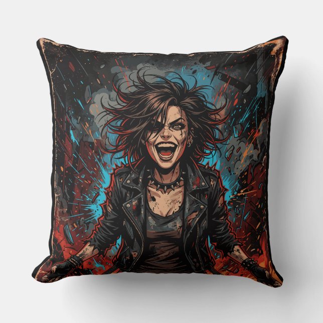 Coussin Punk Chaos Fille Explosion | Art Grunge Rebelle Fe (Recto)