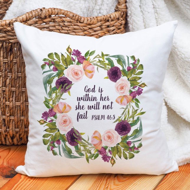 Coussin Purple Blush Floral Dieu est dans son chrétien ("God is within her, she will not fail." burgundy and pink floral Christian Bible verse pillow)