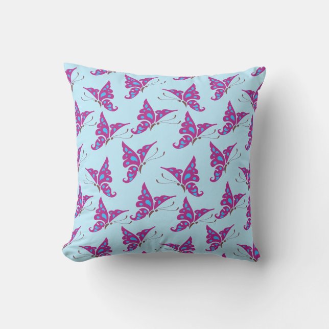 Coussin Purple Butterflies on Light Blue, Butterfly Print (Recto)