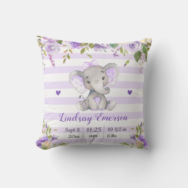 Coussin Purple Floral Girl Elephant Nursery Lilac Lavender (Recto)
