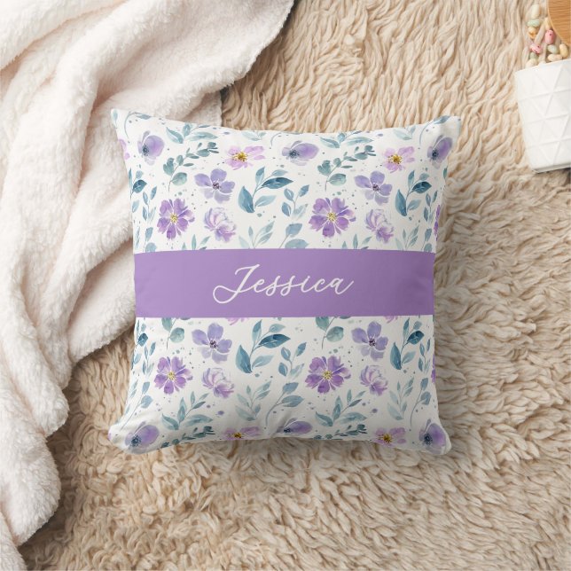 Coussin Purple Green Watercolor Wildflower Monogram Name (Couverture)