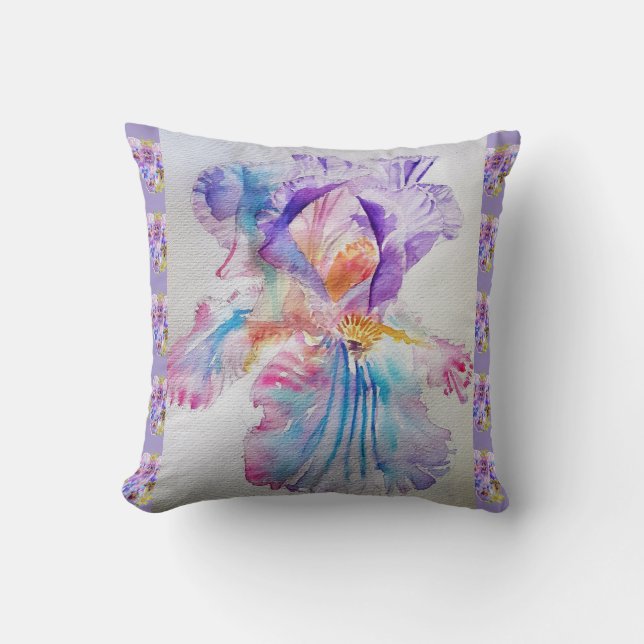 Coussin Purple Iris Aquarelle lavande florale Cushion (Recto)