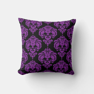 Coussin Purple & Noir Damask Chic Moderne Motif élégant