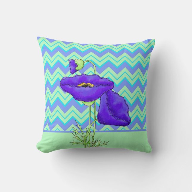 Coussin Purple Poppy Green Zizzag Chevron Décoratif (Recto)