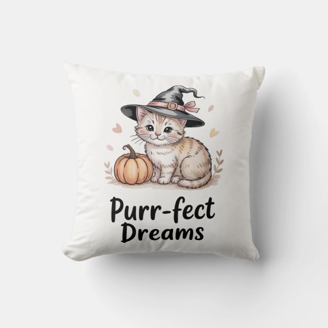 Coussin Purr-fect Dreams Cute Cat avec Halloween Citrouill (Recto)