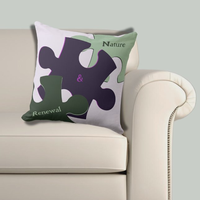 Coussin Puzzle amusant violet vert Nature & Renouveau  (Purple Green Nature & Renewal Jigsaw Puzzle Throw Pillow)