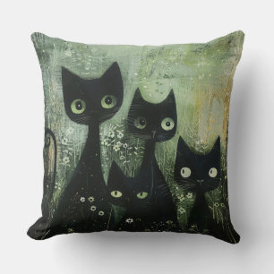 Coussin Quatre chats noirs avec des pâquerettes sur gris m