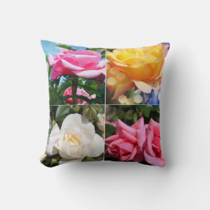 Coussin quatre fleurs de rose roses, blanches, jaunes