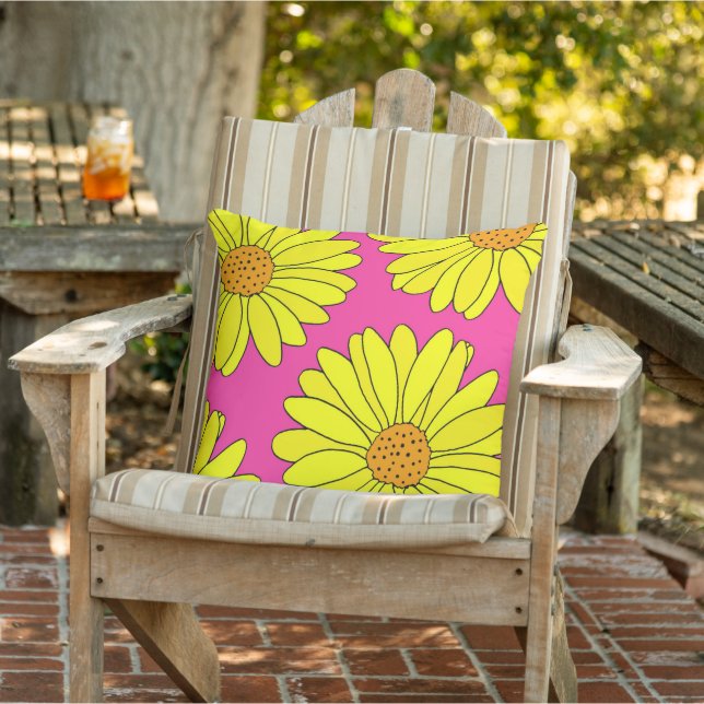 Coussin Quatre Marguerites Rose Chaud Orange Jaune (Chaise)