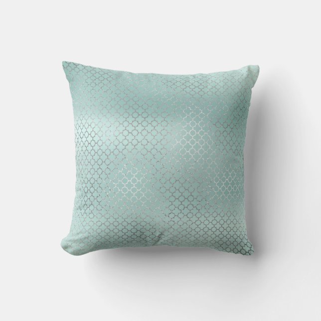 Coussin Quatrefoil Art Déco Argent Tiffany Aqua Ocean Glam (Recto)
