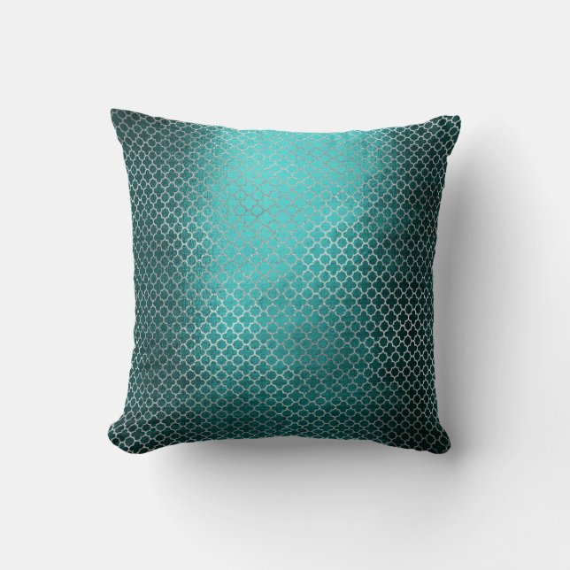 Coussin Quatrefoil Art déco Turquoise vert argenté (Recto)