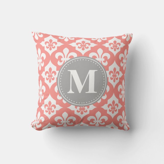 Coussin Quatrefoil Fleur-De-Lis Coral Gris Rose Monogramme (Recto)