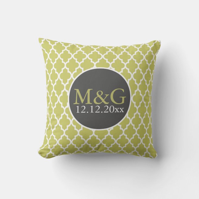Coussin Quatrefoil Monogramme Mariage Vert et Blanc (Recto)