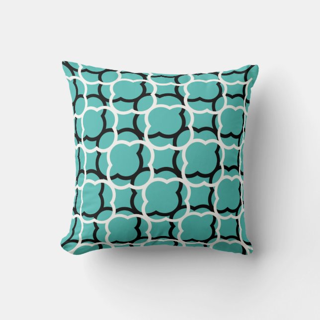 Coussin Quatrefoil Turquoise Bleu Noir Blanc Motifs (Recto)
