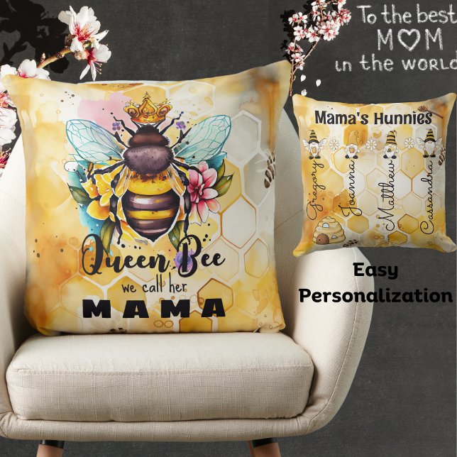 Coussin Queen Bee-Mama-Custom Kid's Name-Honeycomb-Hunnies (Créateur téléchargé)