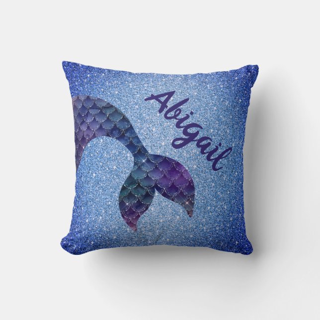 Coussin Queue de sirène pailletée bleu violet Nom personna (Recto)