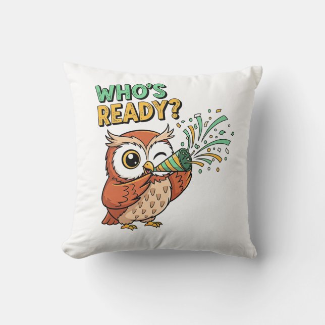Coussin Qui est prêt ? – Édition Noël Party Owl (Recto)