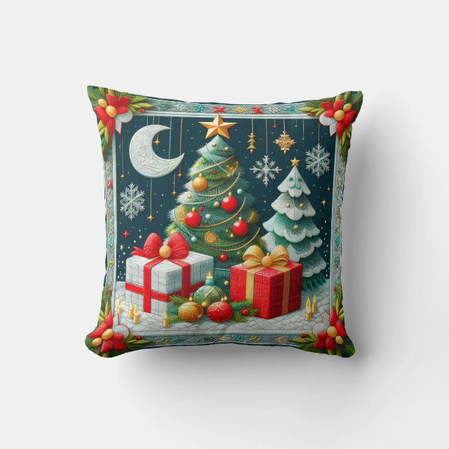 Coussin Quilt Look Christmas Scene Decorated Trees  (Recto)