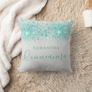 Coussin Quinceanera argent turquoise noms de parties scint